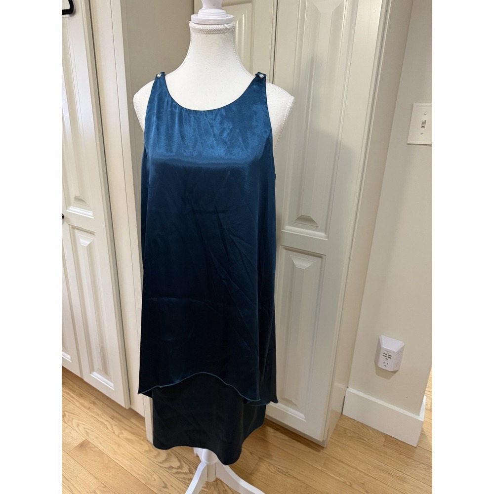 MSK Teal Satin Shift Dress Women Size 10 Layered Cocktail Party Sleeveless EUC